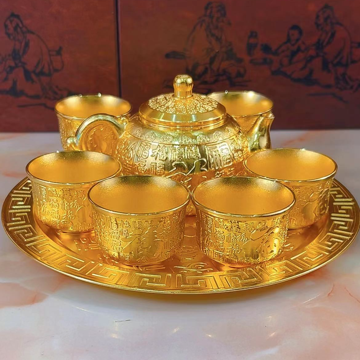 【厂家补贴】铜百福八件套茶具纸盒装高档复古家用精美