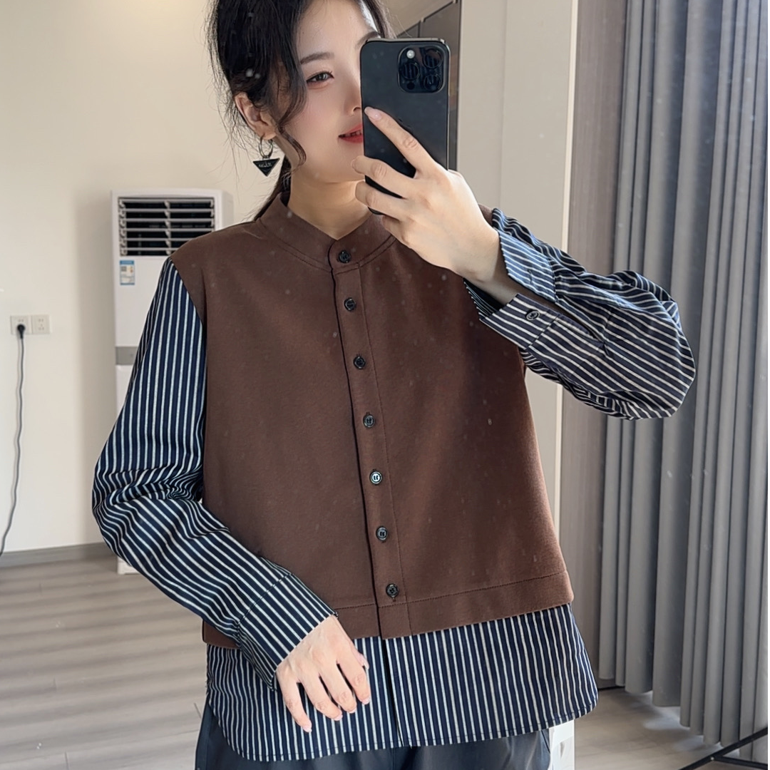 1353秋季新款韩版百搭圆领假两件拼接条纹衬衫女宽松显瘦长袖上衣