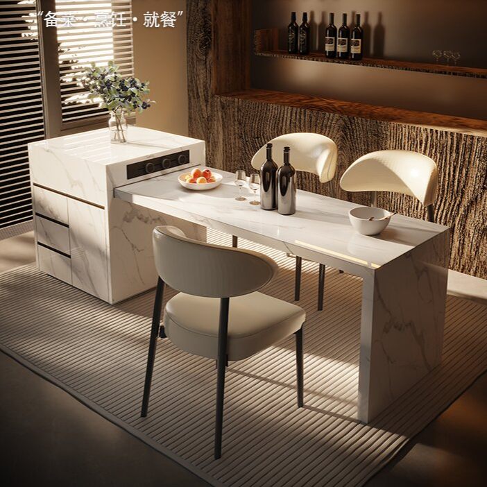 现代轻奢风通体鱼肚白岩板岛台餐桌一家用厨房