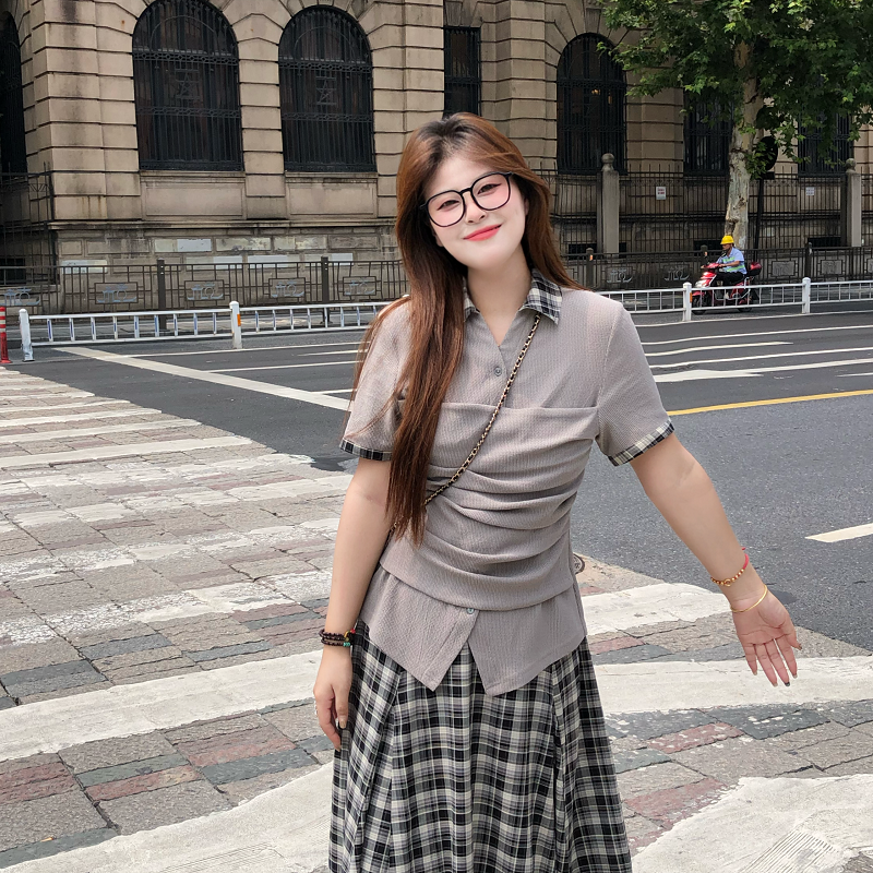 盈盈&南岛风大码女装拼接格子短袖上衣女夏季格子半裙套装ZYY2021