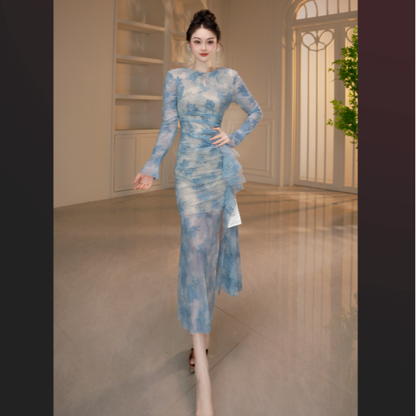 优雅中国风纯欲风印花长裙性感中式连衣裙长袖51550