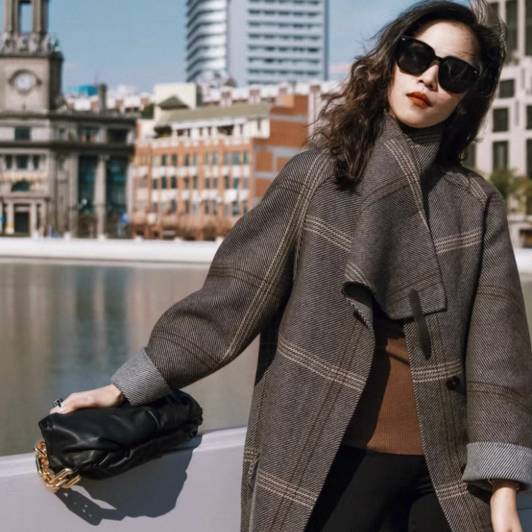 99新 Hermes/爱马仕 爱马仕格纹羊绒大衣时尚中长款外套34码11386