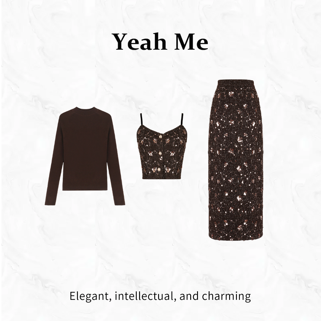 Yeah Me/也觅【苏雨花碎】秋季新款法式古典设计百搭亮片半身裙套装