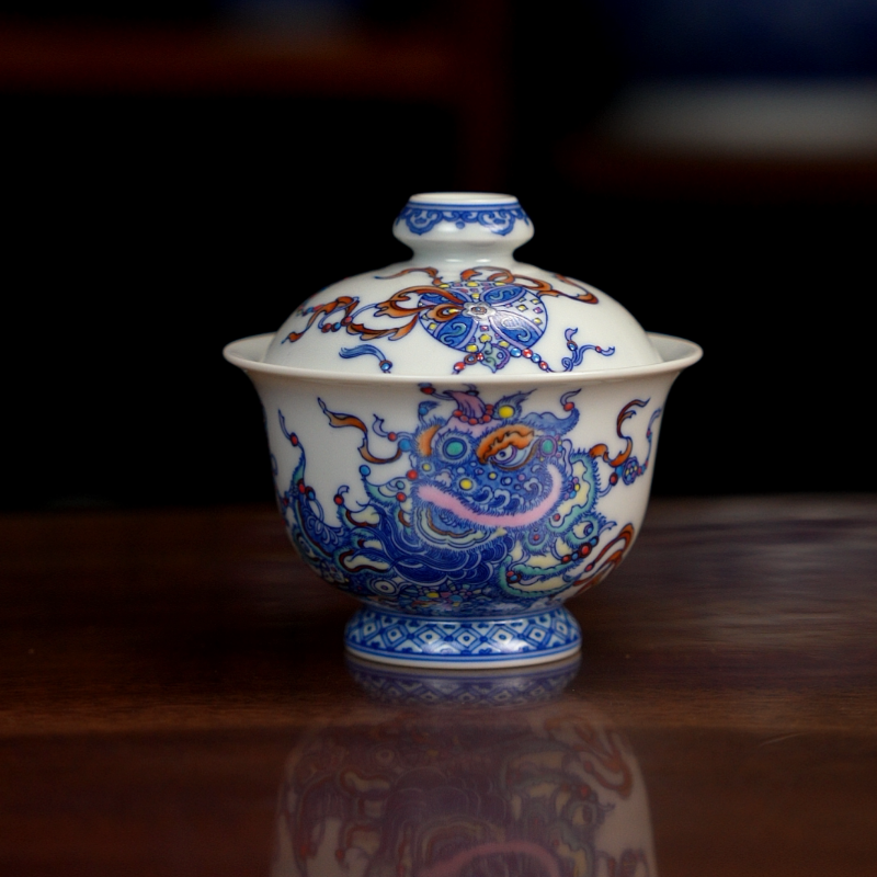 空山明月新斗彩醒狮盖碗舞狮纹路元宝器型泡茶品茗碗手工手绘茶器