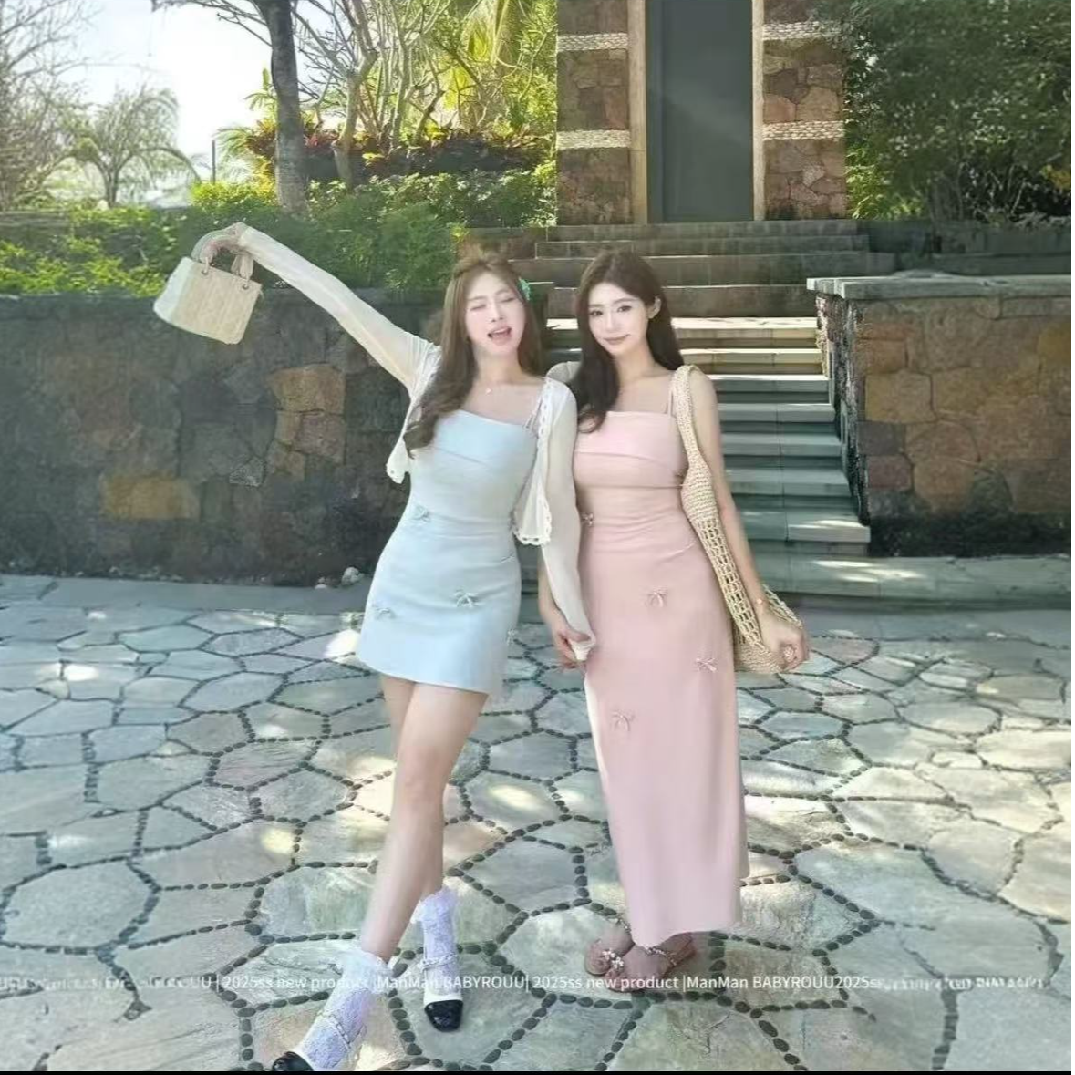 【花漾心结-春日首发】气质高腰弹力显瘦珍珠蝴蝶结连衣裙