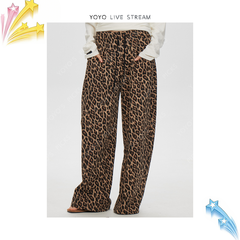 yoyo首发4NOW OFFICIAL慵懒复古豹纹廓形阔腿抽绳宽松松紧腰卫裤Y
