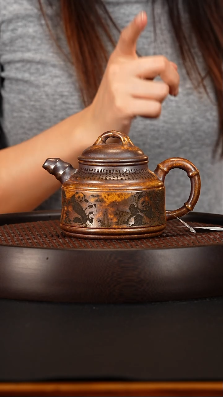 茶壶紫砂宜兴紫砂壶龙骨金砂柴烧熊猫竹鼎320cc