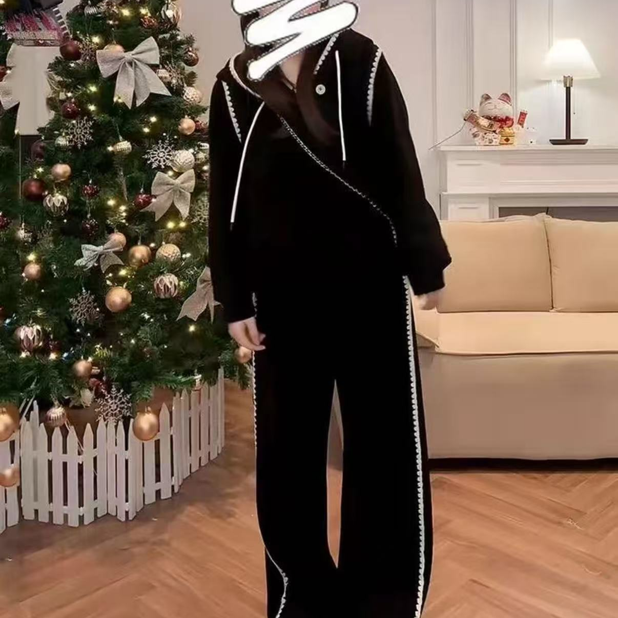 加绒大码慵懒套装黑色上衣+长裤两件套女巨显瘦休闲运动套装