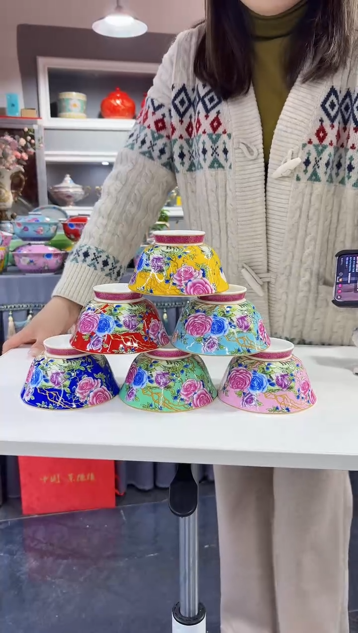 珐琅 4.7英寸花口碗6个景德镇陶瓷混色 