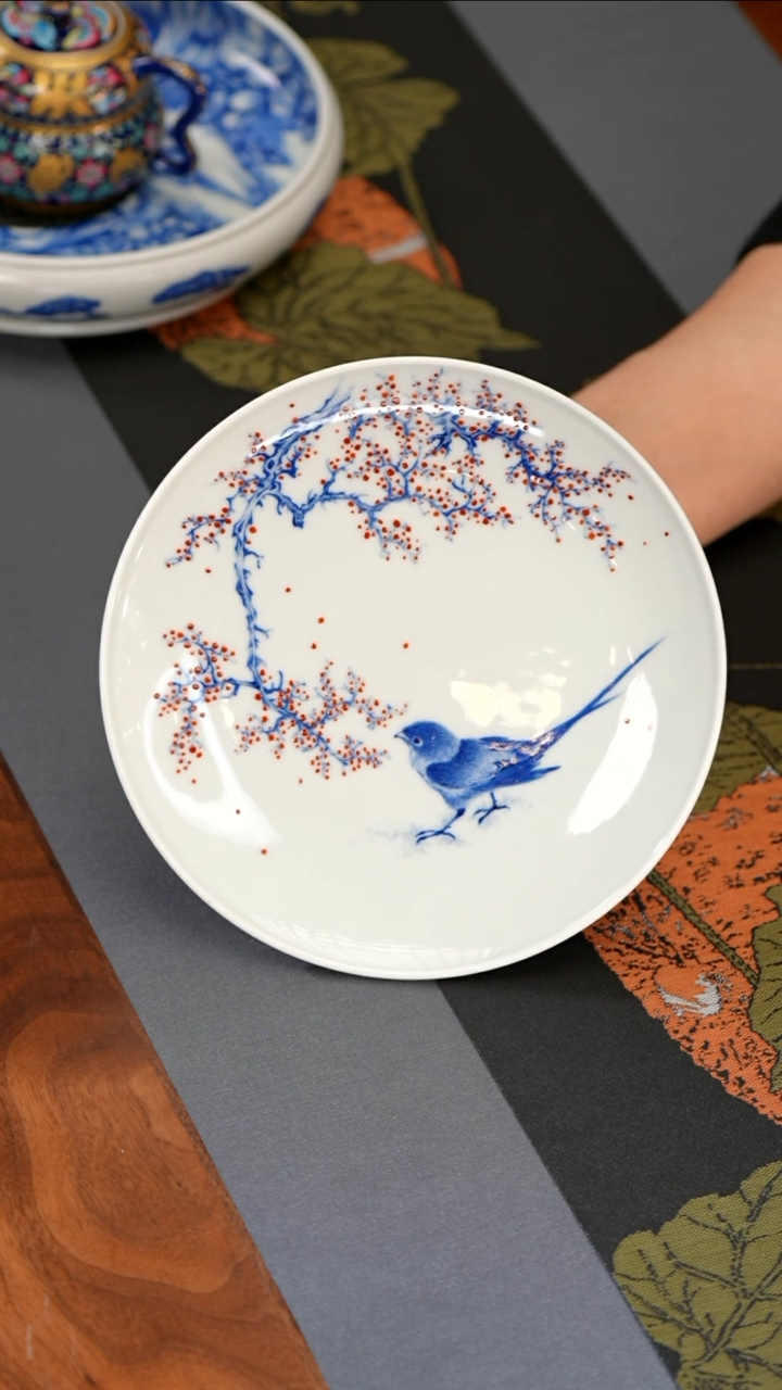 【闪购商品】天义华王步青花加彩喜鹊登梅壶承