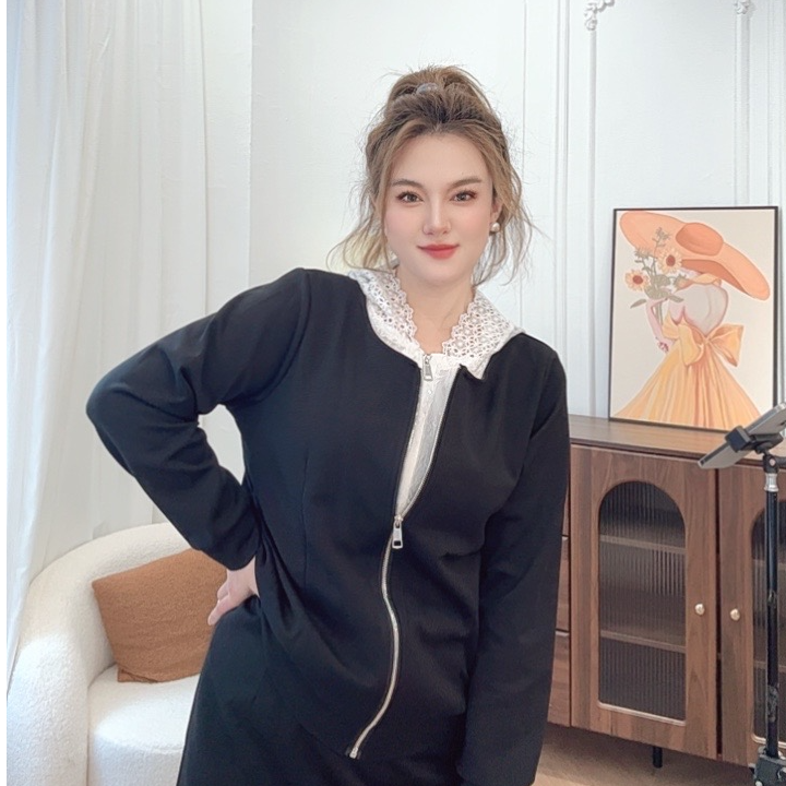 潼潼家【高阶感】蕾丝春秋显瘦气质长袖针织黑色法式时尚套装