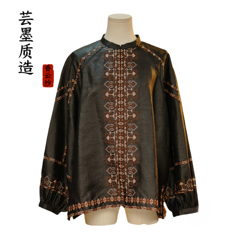 【芸墨质造】-郎丰 新款香云纱重磅老料皮子拼重工刺绣女士复古外套