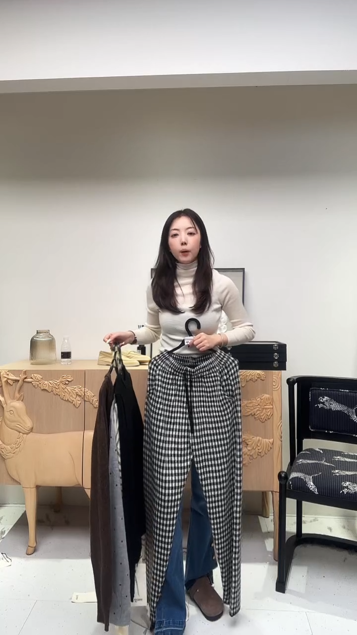 格子抽绳松紧腰裤子