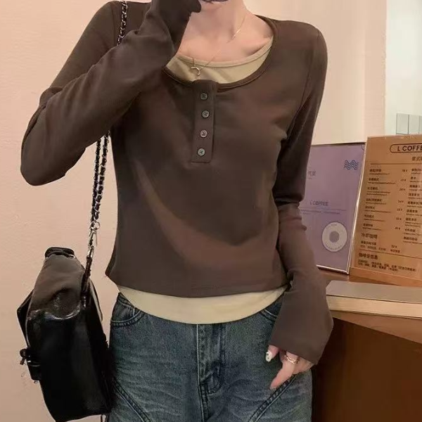 大码撞色假两件长袖t恤女秋冬2025新款修身显瘦圆领打底上衣女装