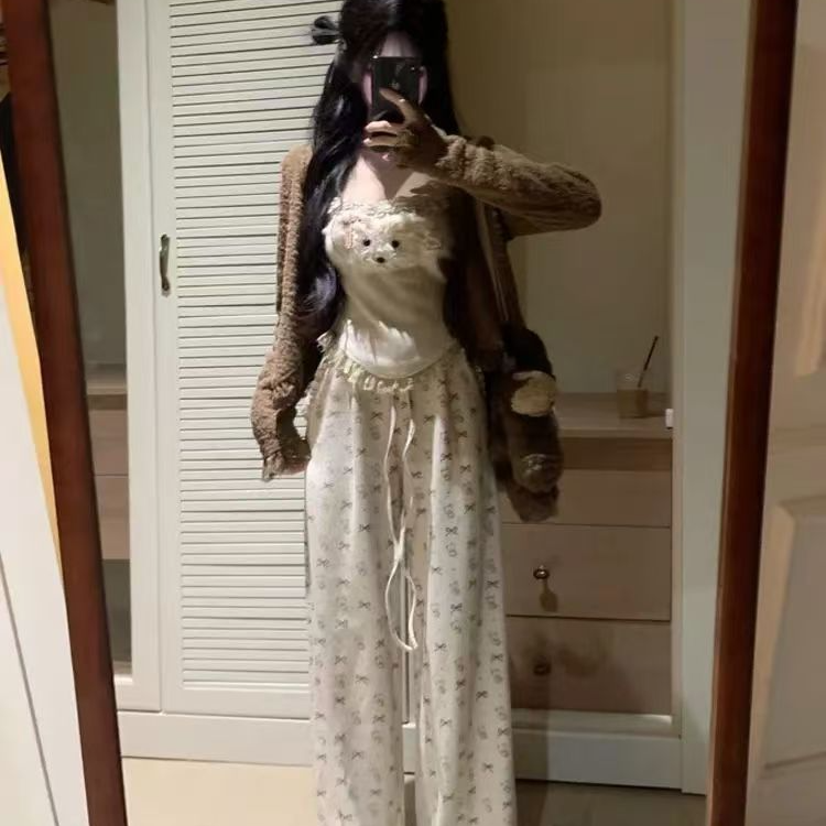 新款韩版甜美三件套氛围感毛绒开衫显瘦内搭吊带背心休闲长裤套装