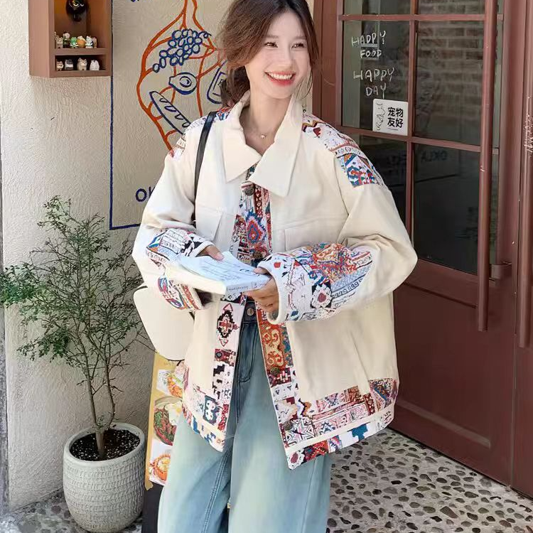 编码351-355秋季慵懒风拼接碎花春秋女短外套设计感