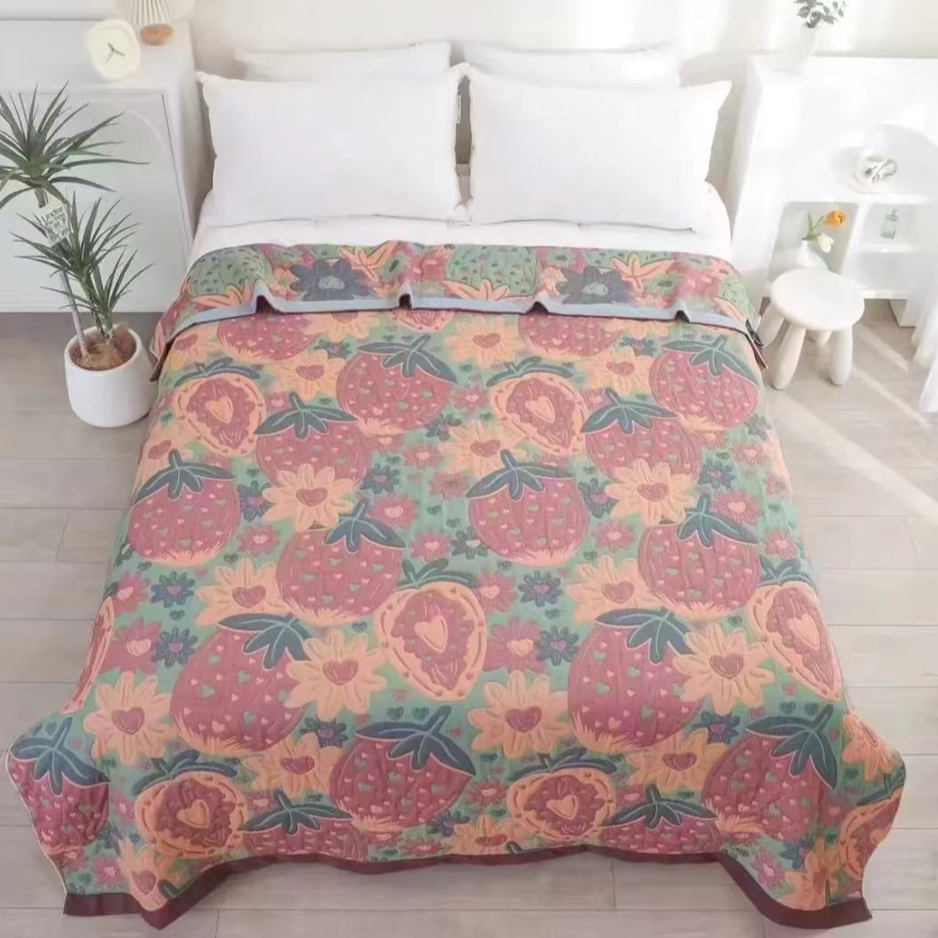 （草莓）150*200cm纯棉纱布加重加密可铺可盖可机洗床盖