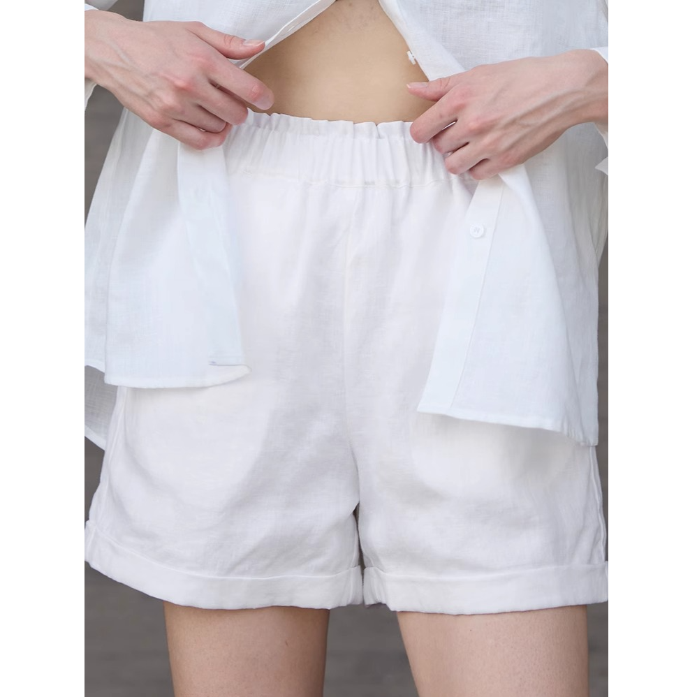 2025夏季100%纯亚麻宽松直筒短裤高端麻料凉感透气裤子显瘦灰蓝色