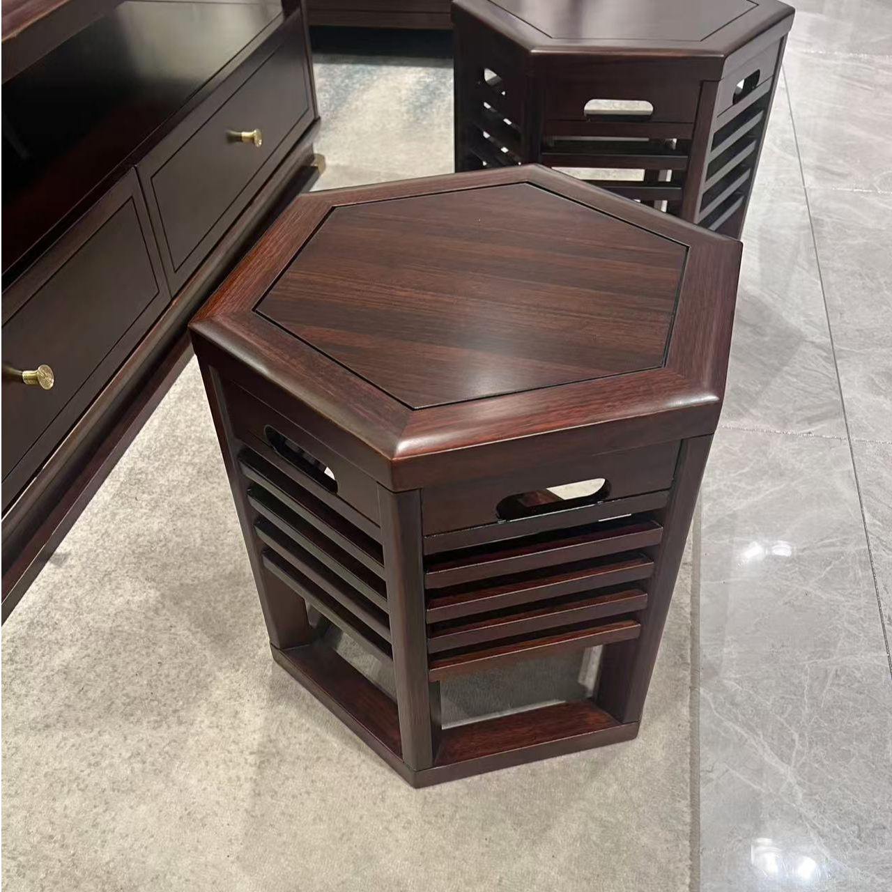 黑檀玄关全实木六边凳----新中式六边凳茶凳餐凳梳妆凳休闲凳客厅
