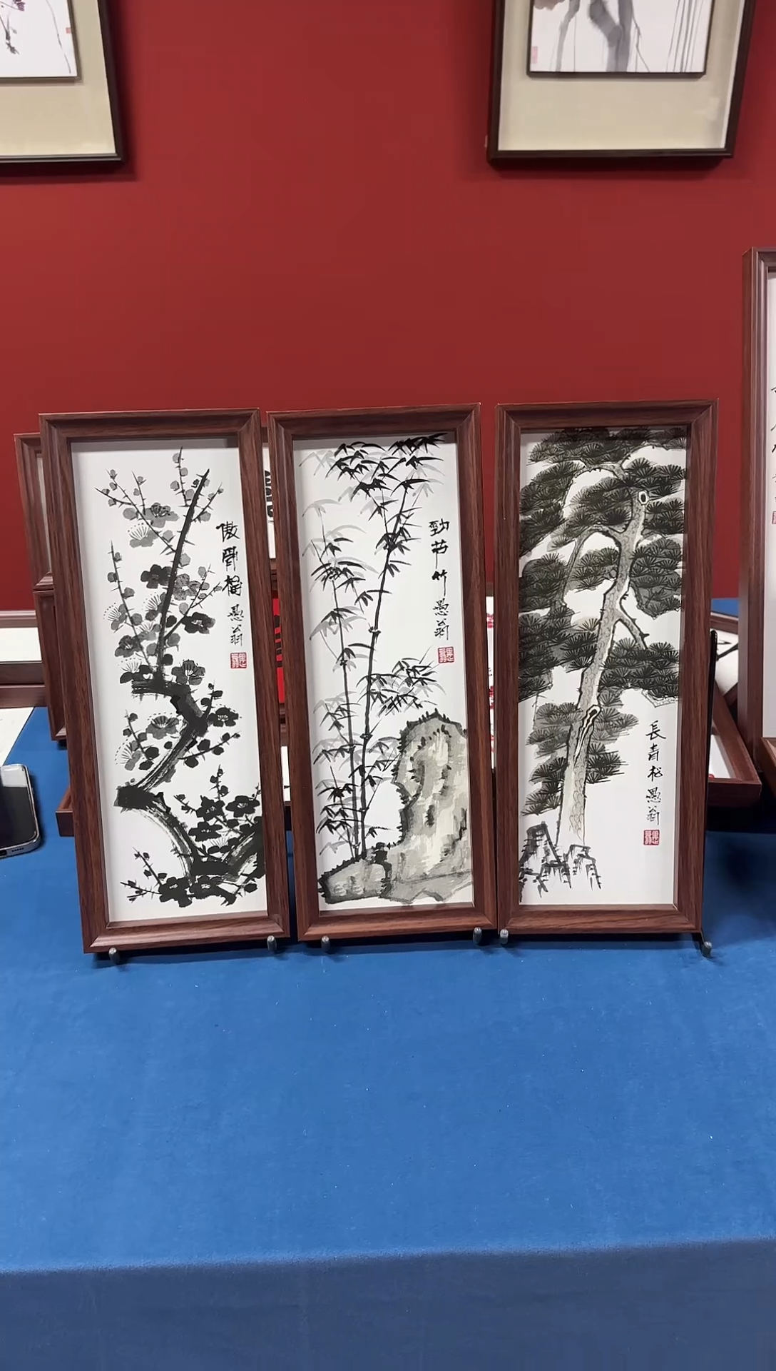 国画17*43/水墨岁寒三友/愚翁带框