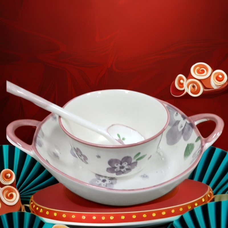 紫萱花3件套（双耳不规则碗+反口碗+长柄勺）陶瓷家用高档欧式杯碟