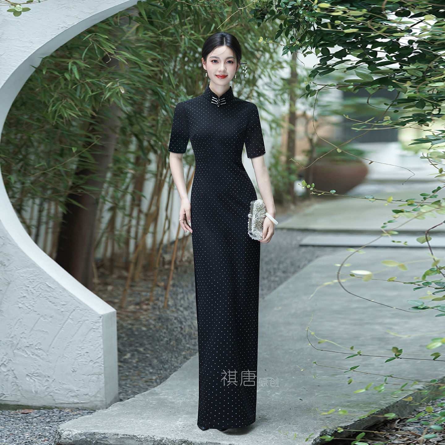 【李梅老师专属】祺唐新中式高级感黑色满钻年轻款导师走秀宴会旗袍