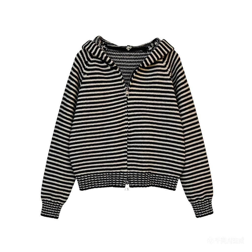 原版加厚1256款时尚条纹软糯拉链连帽毛衣短款外套女慵懒针织上衣