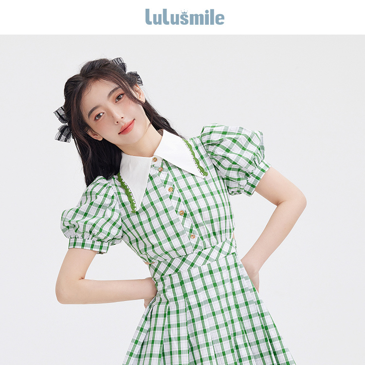 【小呆鸟专属】lulusmile夏季复古大尖领格纹灯笼袖少连衣裙DNB5109