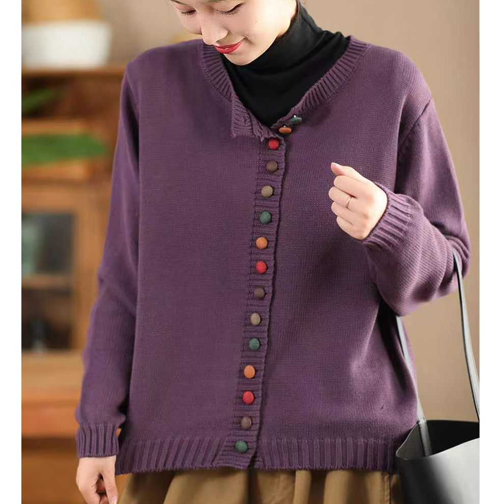 彩色纽扣棉线毛衣开衫女2025早春宽松文艺休闲减龄单排扣针织外套