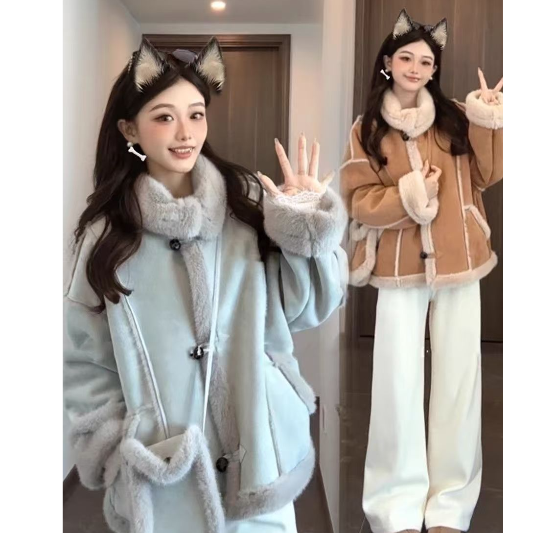 【送包包】翻领毛毛外套新款秋冬韩版宽松机车服加厚皮毛一体上衣