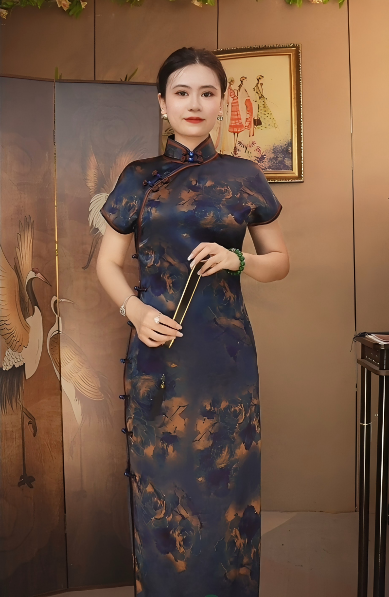 如丝专属【蓝玫瑰】靓影儿桑蚕丝香云纱蓝色玫瑰小重缎优雅气质旗袍