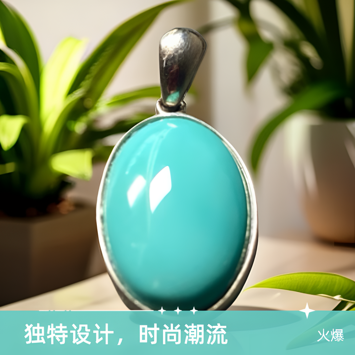 原矿绿松石银镶吊坠挂件