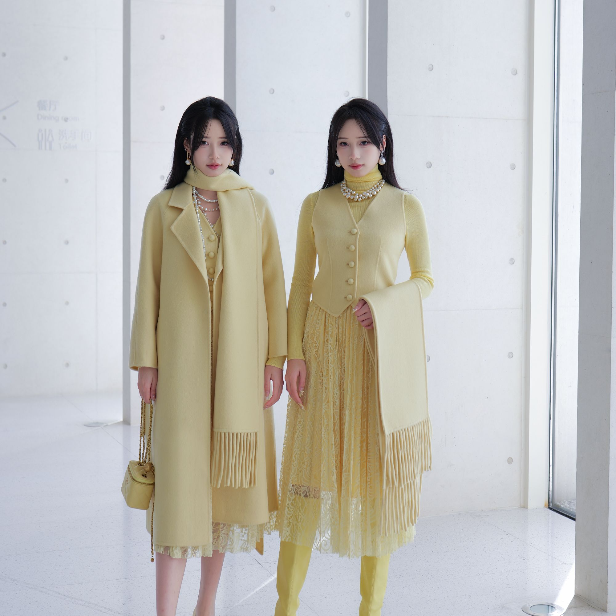 【柠檬黄】素色双面呢羊毛长大衣四件套（大衣毛衣裙子马甲）