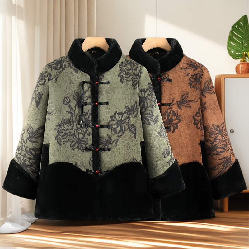 秋冬花色保暖中国风老年人毛毛外套中老年女装加绒加厚立领奶奶装