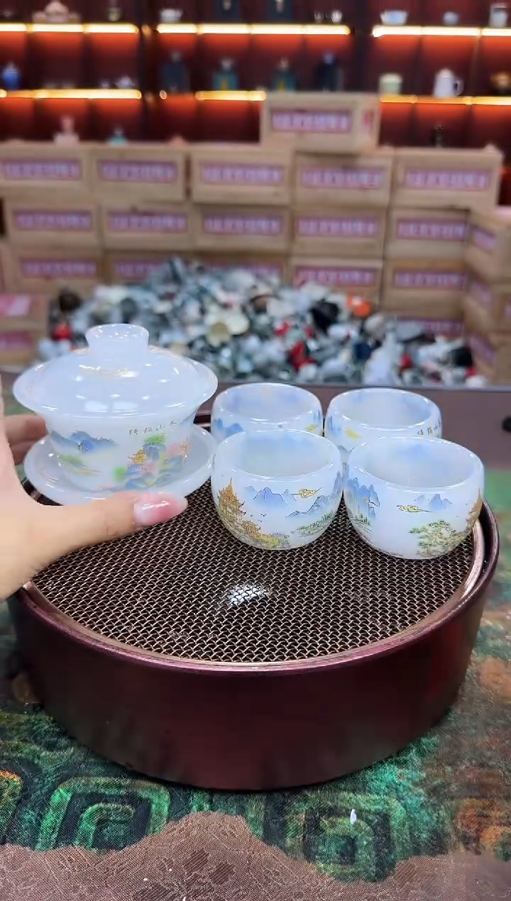 琉璃-锦绣山春盖碗四杯