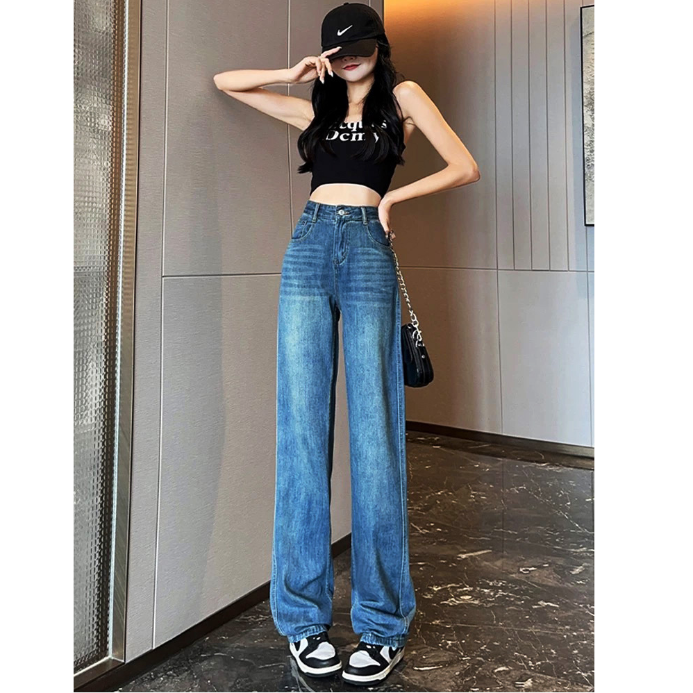 春秋新款高腰窄版阔腿女小个子高个子直筒流行垂感牛仔裤女