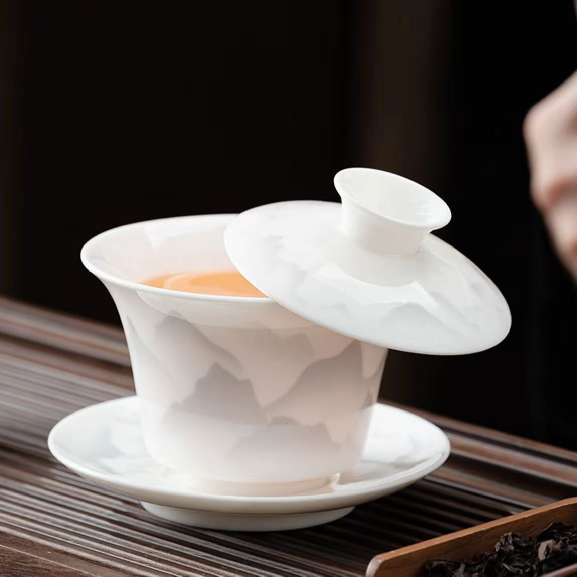 11 ZH2730远山白瓷盖碗茶杯羊脂玉功夫茶具杯高档轻泡茶悬停盖碗