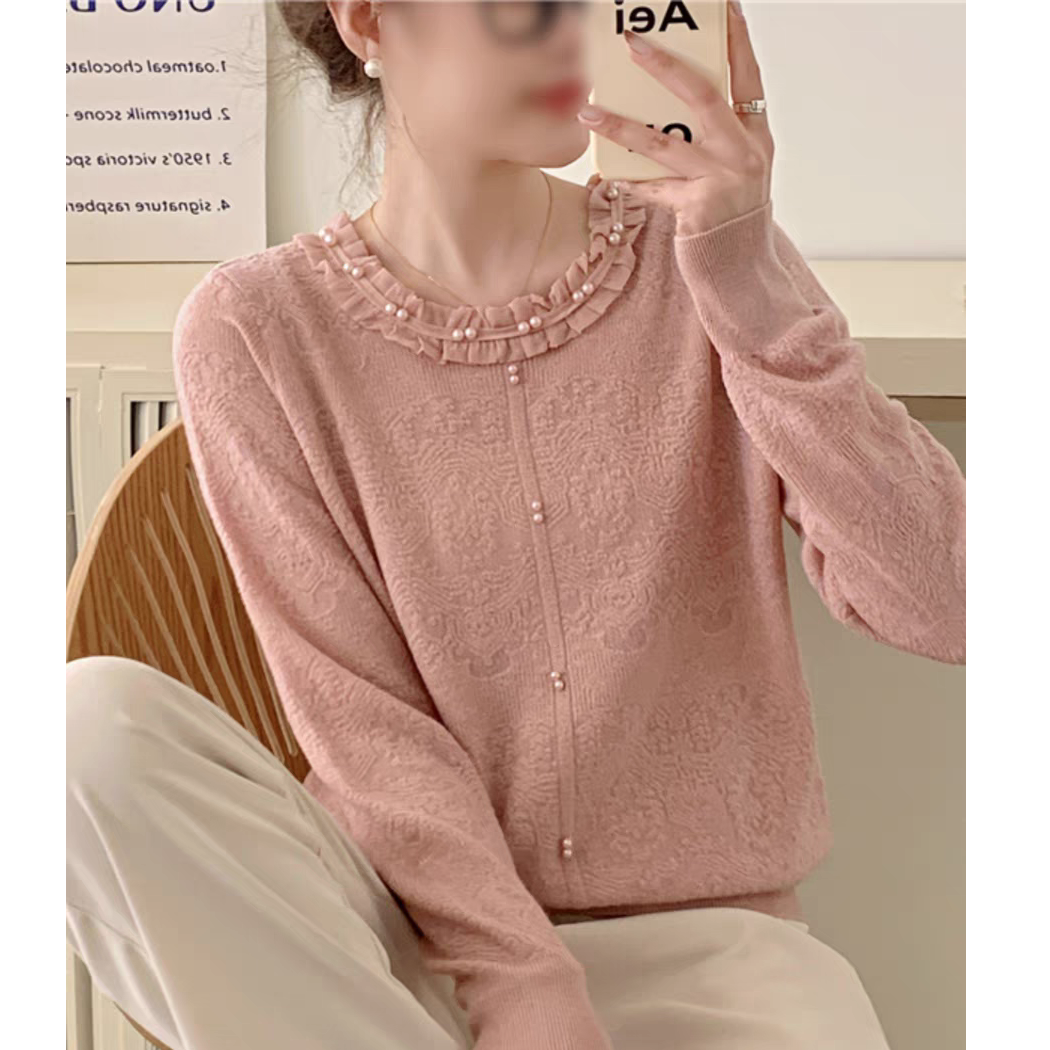 【例畔精选】夏季时尚气质圆领蕾丝提花纯色显瘦百搭针织衫A669#