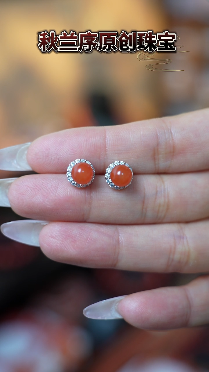 银S925镶嵌南红玛瑙耳饰蛤***丽原矿银镶耳饰原矿南红