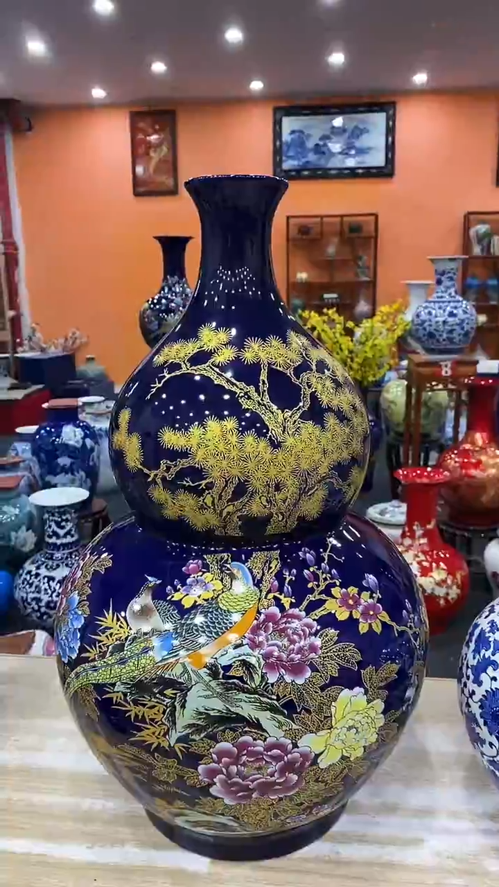 摆件300件宝蓝松针葫芦瓶+旋转底座+证书