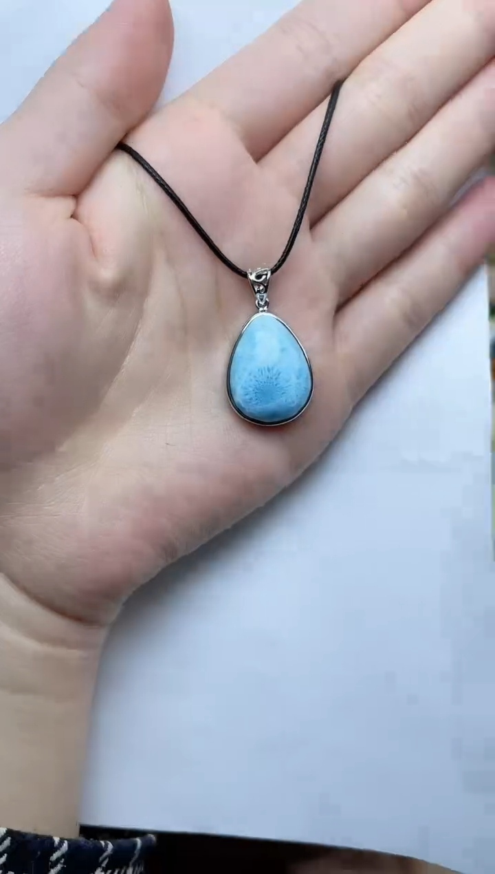 针钠钙石（海纹石）银S925镶嵌颈饰06水滴吊坠