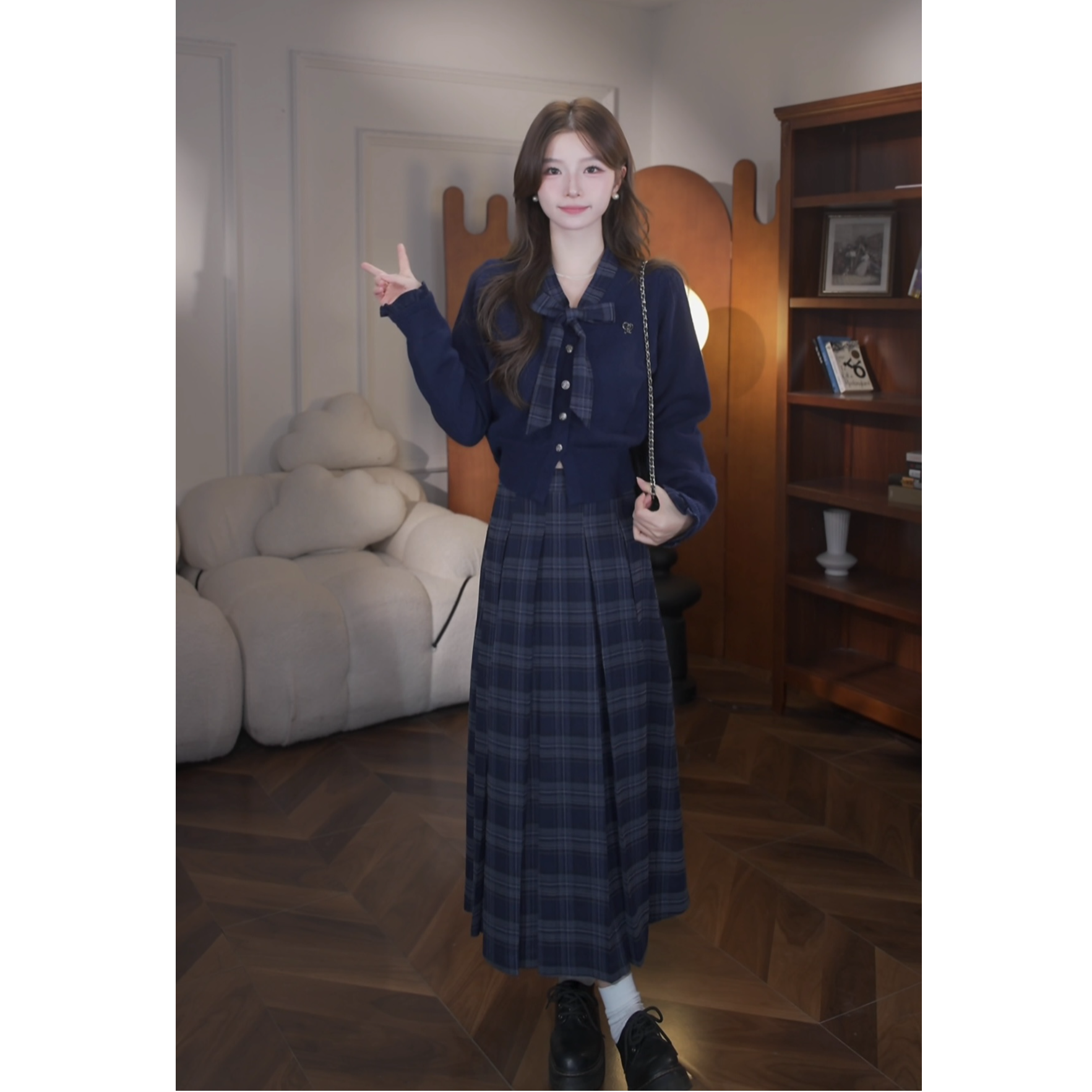 鹿向南【巴黎画廊】秋冬季新款韩系气质减龄毛衣开衫套装女半身裙