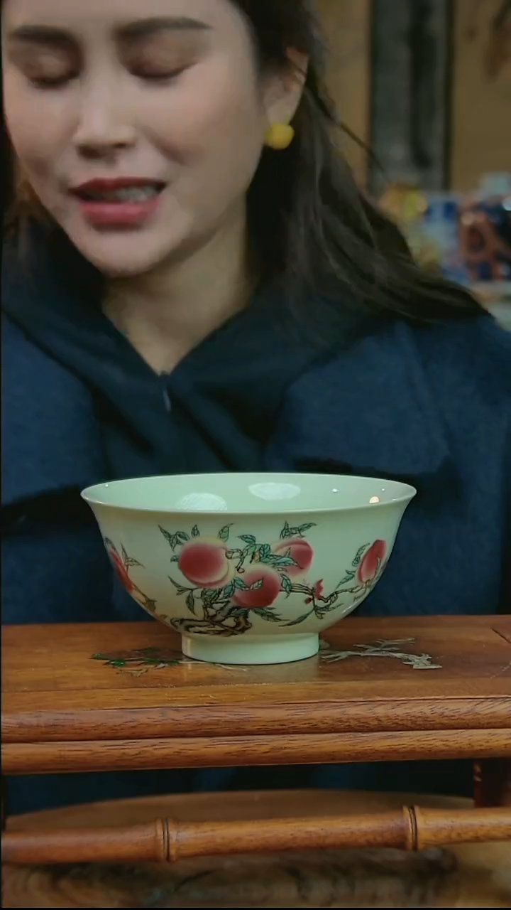 摆件陶绿稀土寿桃米饭碗