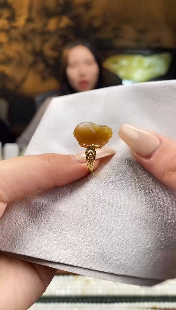 银S925镶嵌戒指和田玉（糖玉）貔貅 开口戒