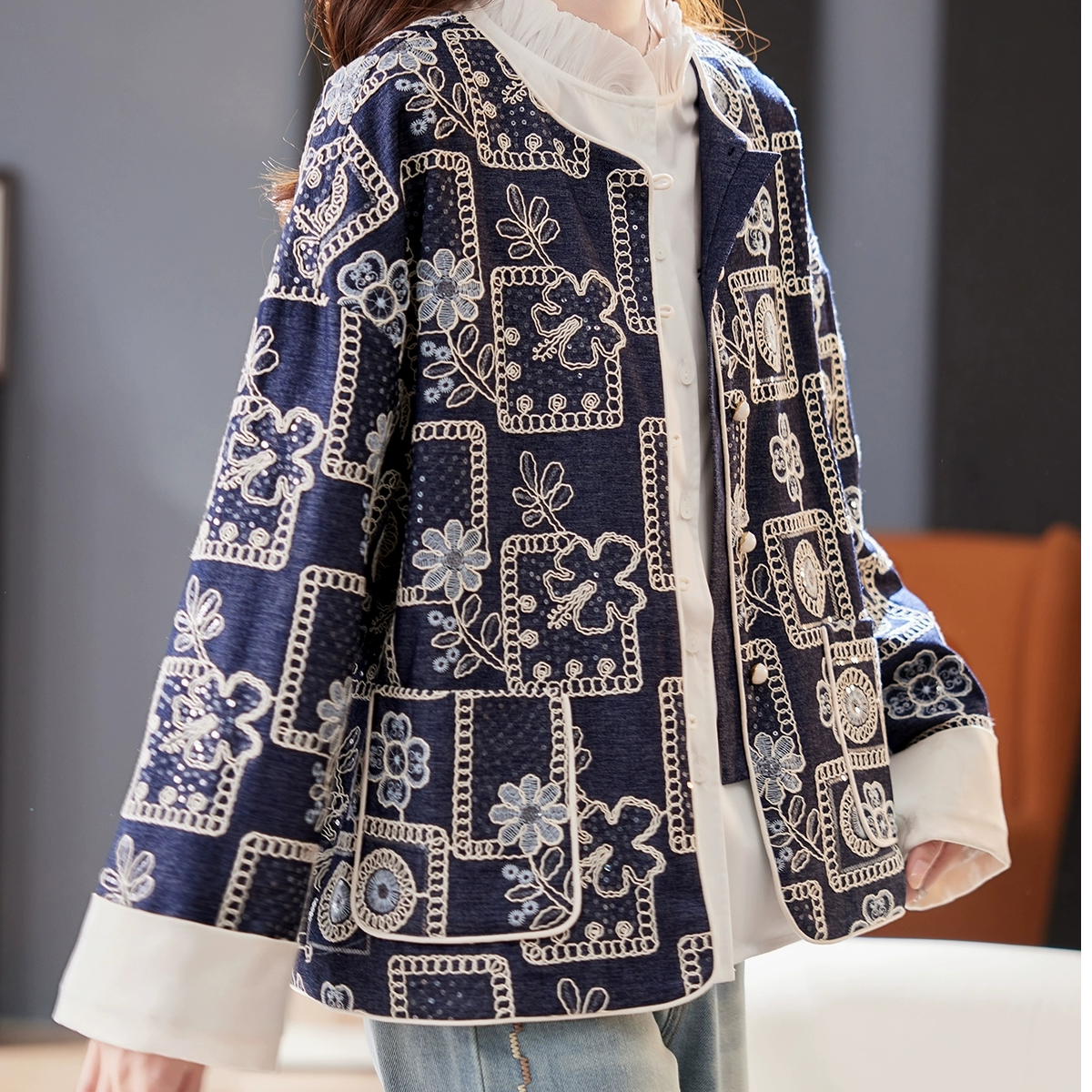 古兮【青花瓷】新中式刺绣亮片牛仔外套女2025春蝙蝠袖气质洋气上衣