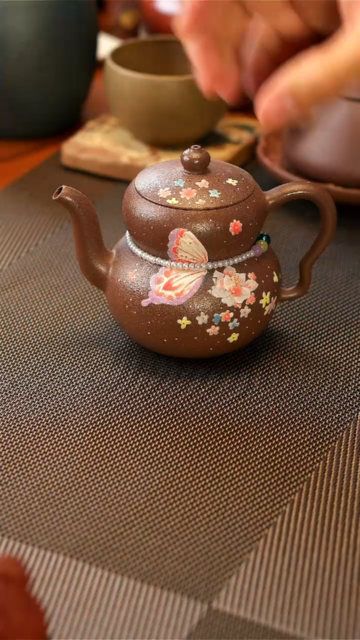 【闪购商品】紫砂茶壶天青泥  蝶恋花葫芦