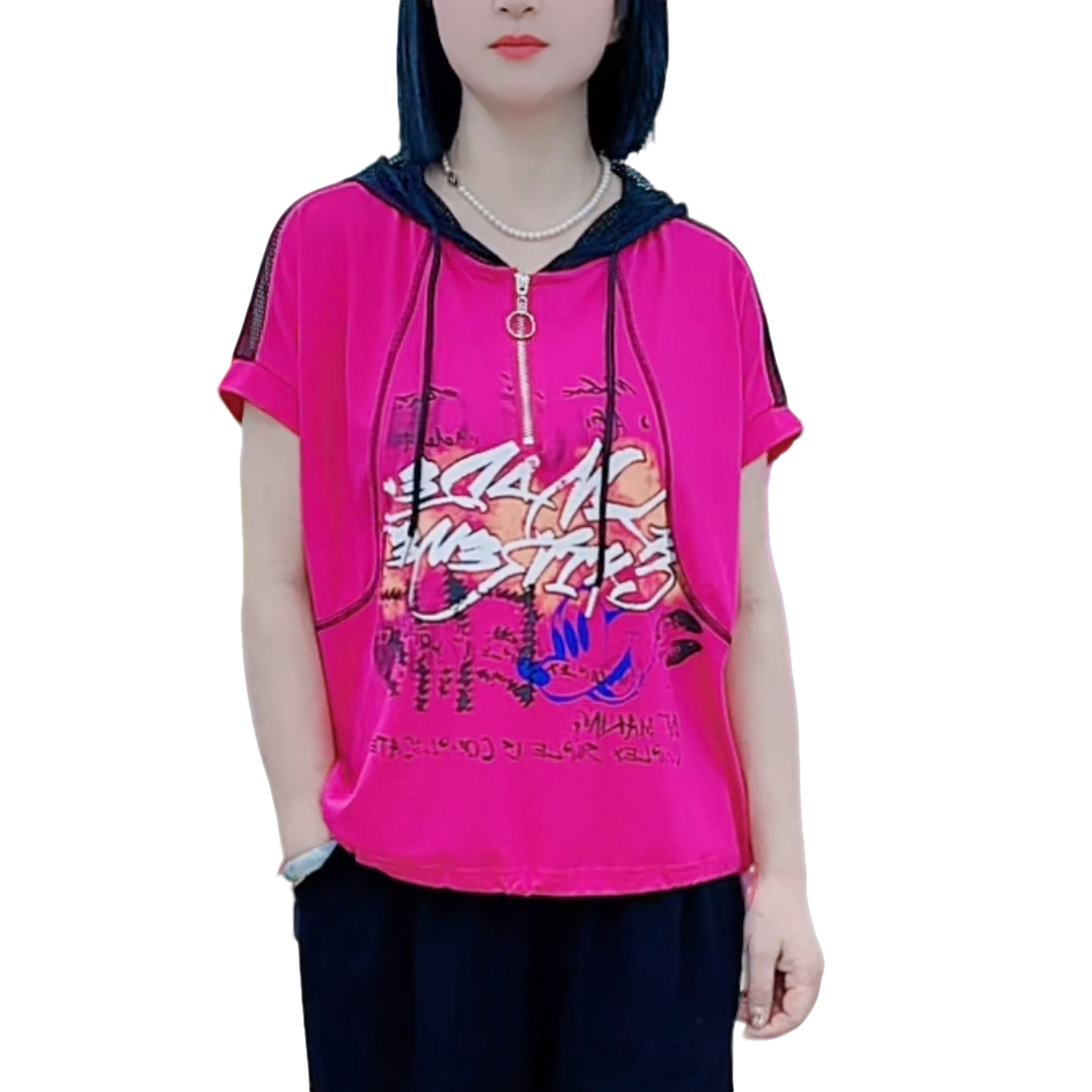 【洋玉服饰】欧韩潮牌夏季新款网帽拼接镂空肩时尚短袖T恤后面米奇