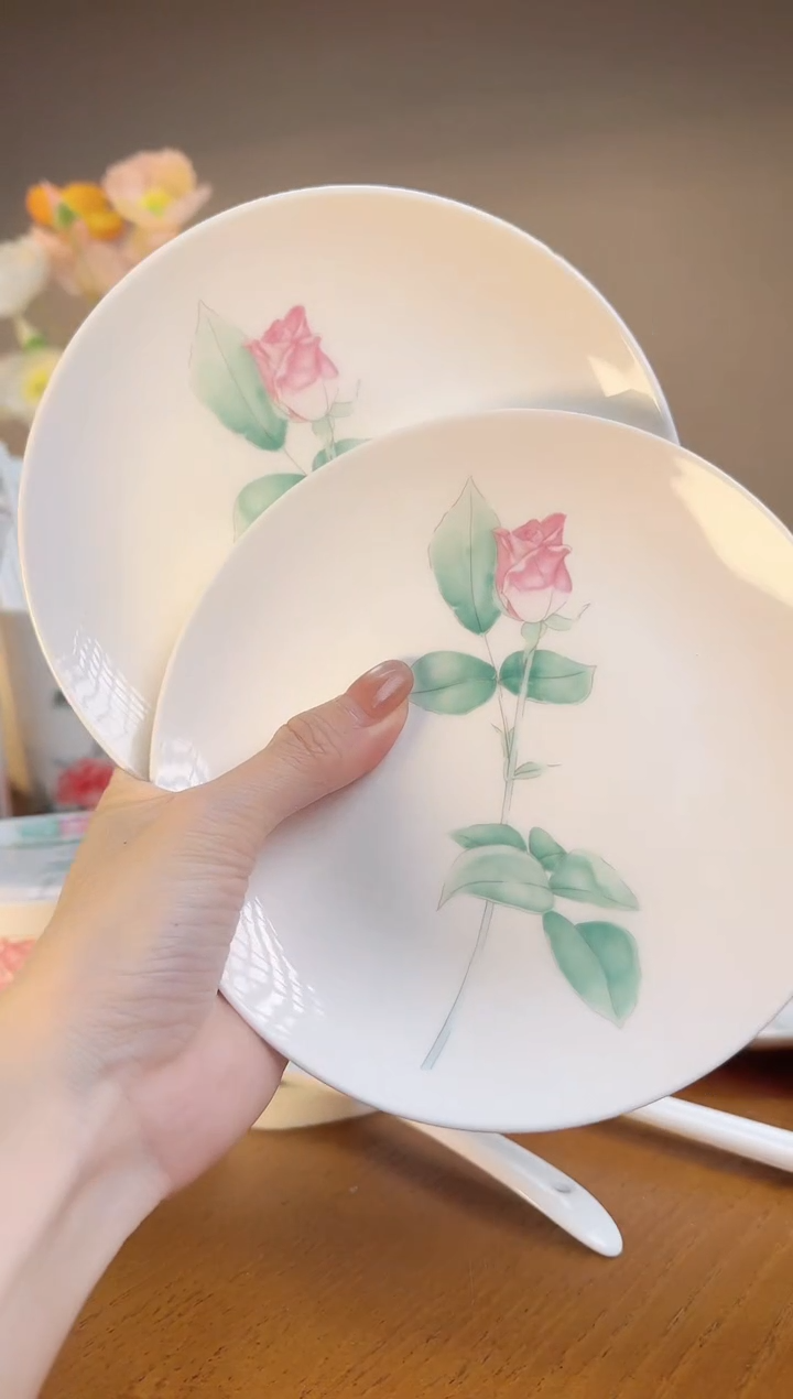 【闪购商品】玫瑰高骨瓷6寸浅盘2个