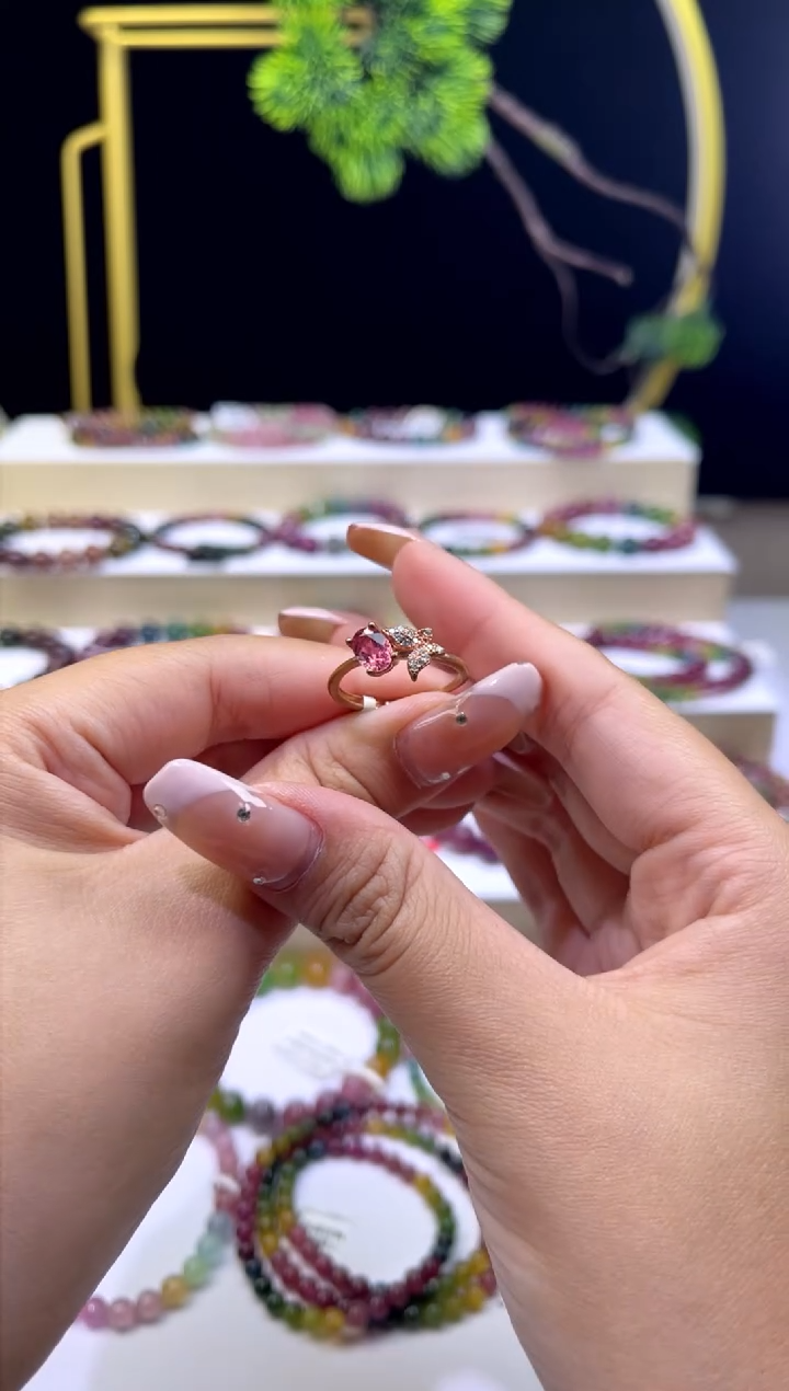 银S925镀金镶嵌戒指碧玺戒指多样性发货