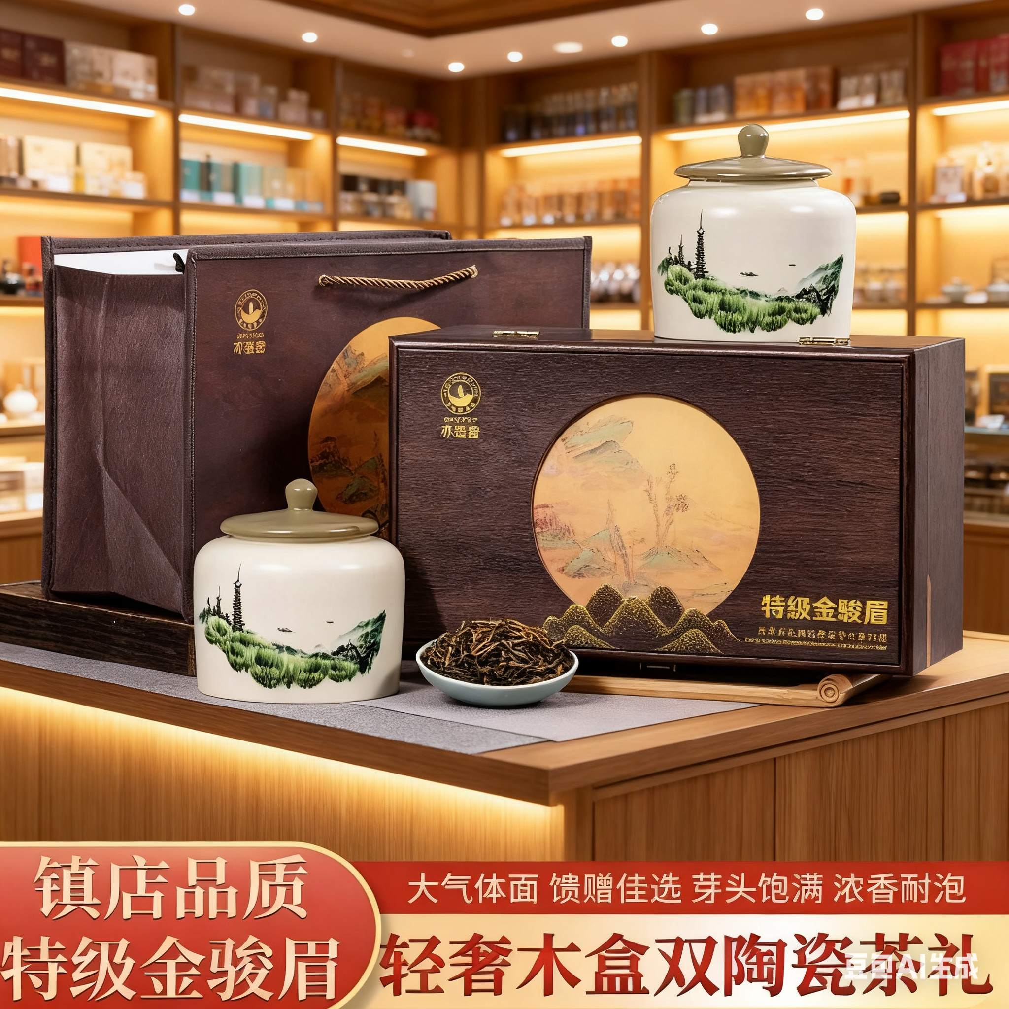 商-特级-金骏眉复古山水画高档木质礼盒-中秋国庆送礼可试喝一罐